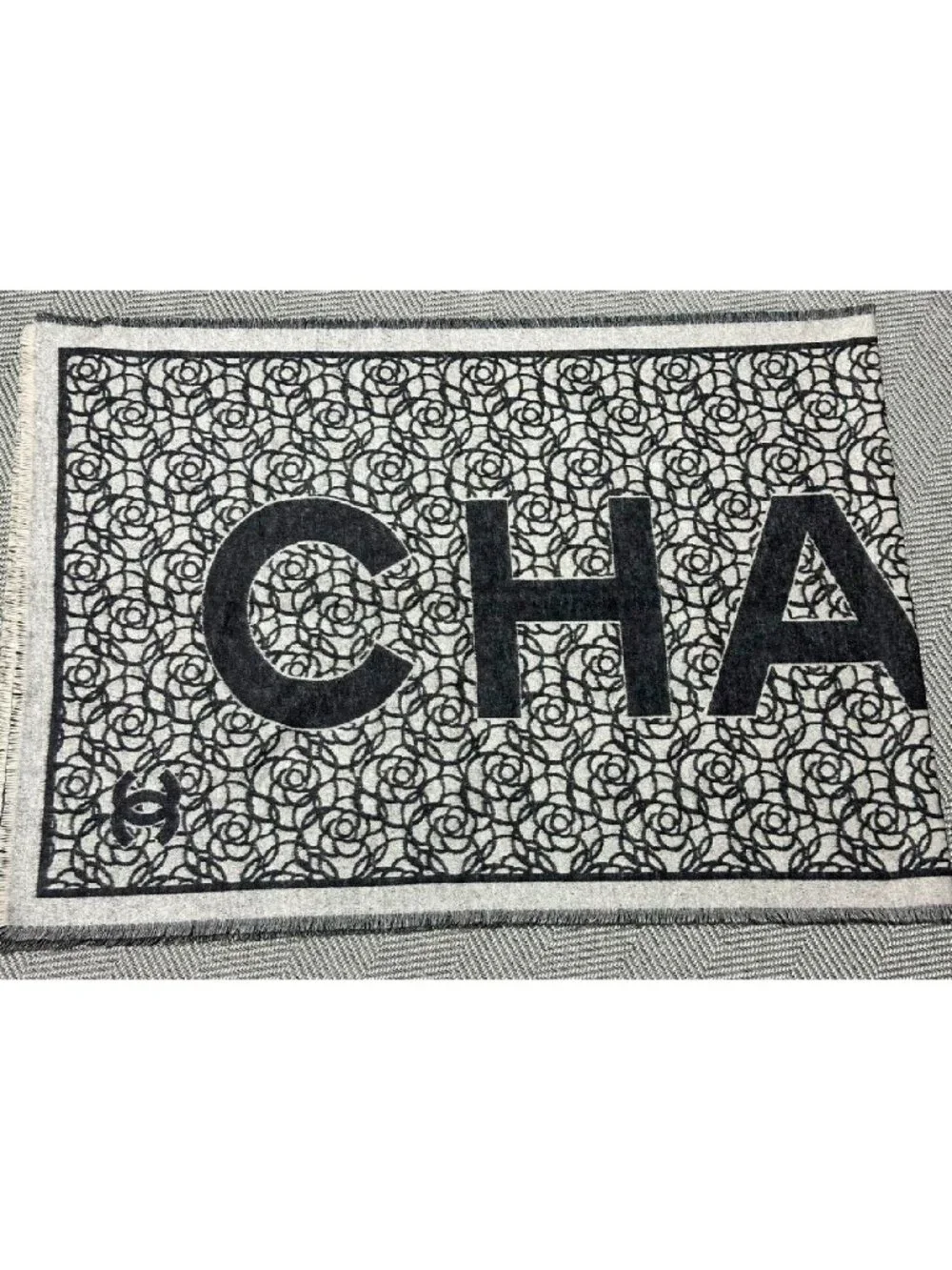 NWT Chanel cashmere silk shawl large scarf black white logo camellia floral